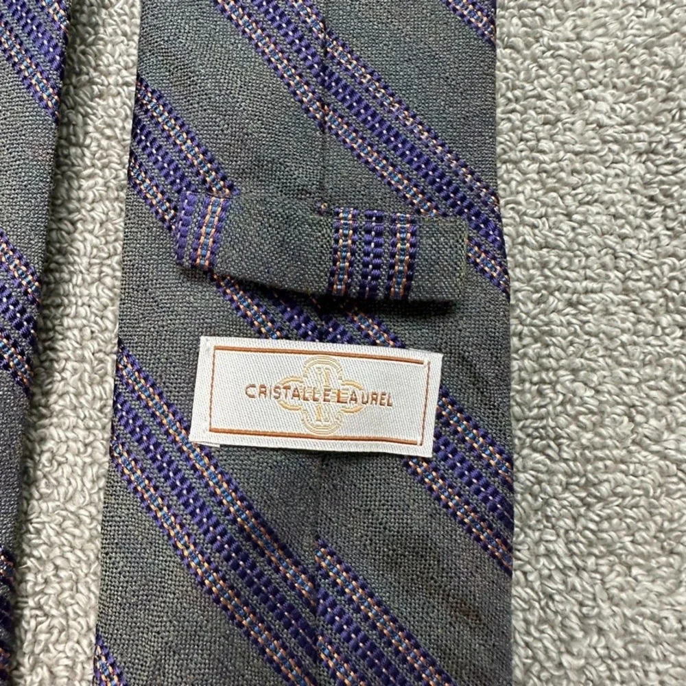 Cristalle Laurel Mens Silk Necktie Grey Purple Striped Made in USA 59 Inch Tie